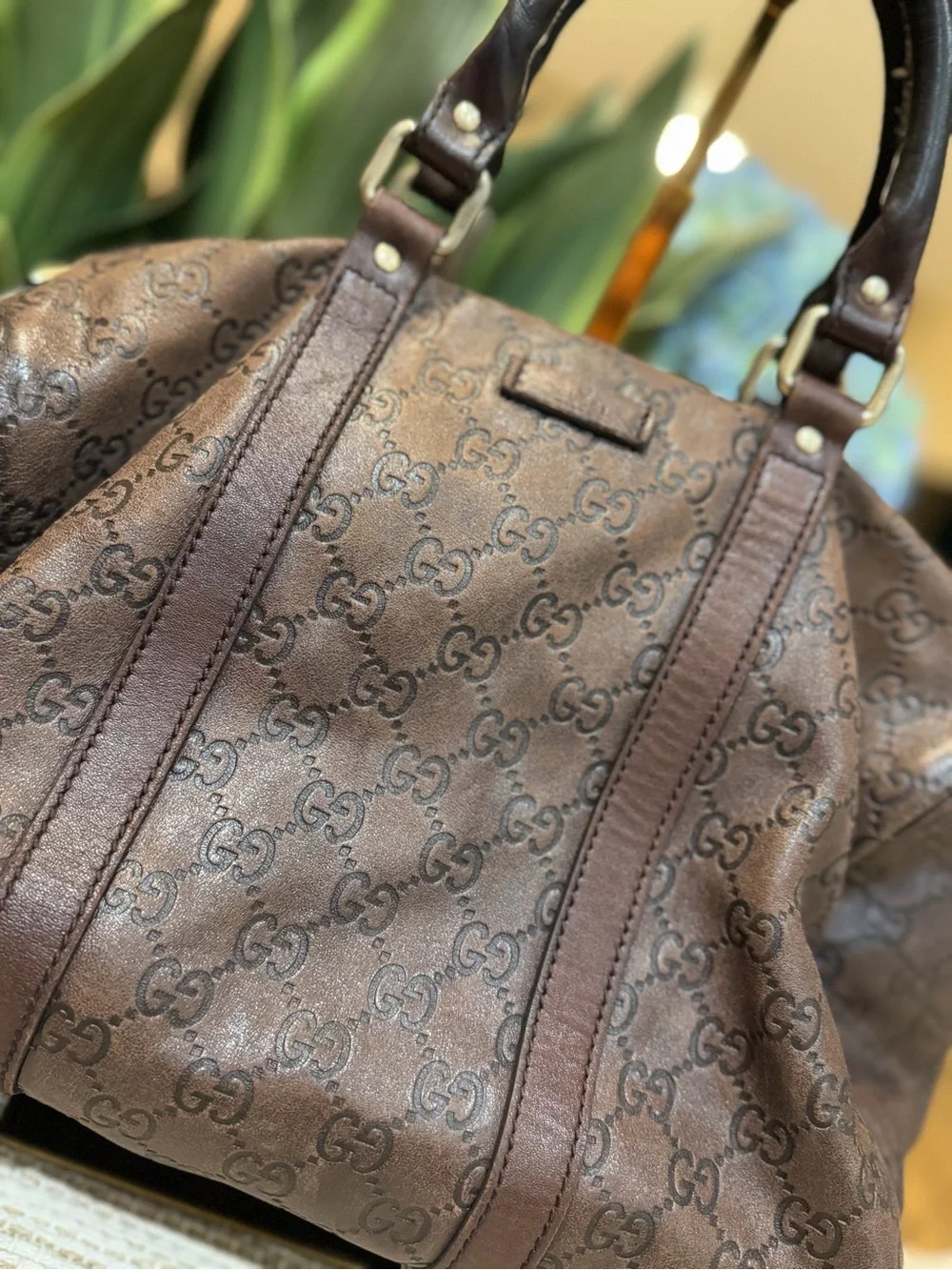 Gucci Brown Leather GG Monogram Top-Handle Bag with Patterned Lining